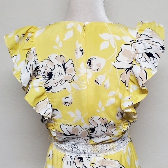 Eliza J Yellow Floral Flutter Sleeve Lace Tie-Waist Midi Summer Dress 8 - Picture 9 of 13